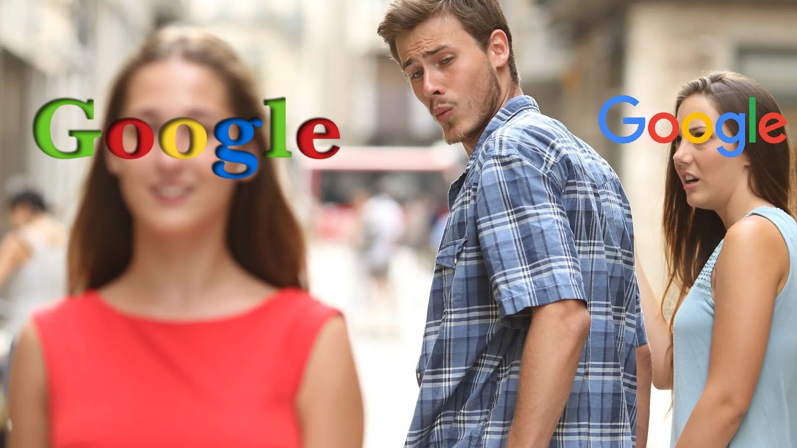 Distracted boyfriend looking at old Google logo on woman as girlfriend with new Google logo looks disgusted
