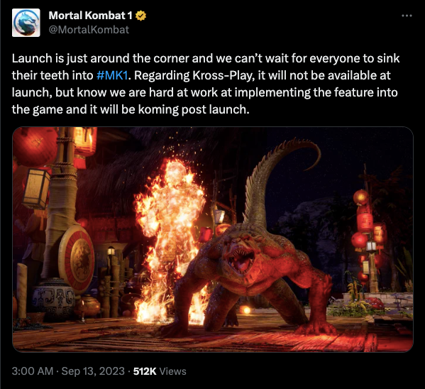 The official Mortal Kombat Twitter announces a delay for Kross-Play.