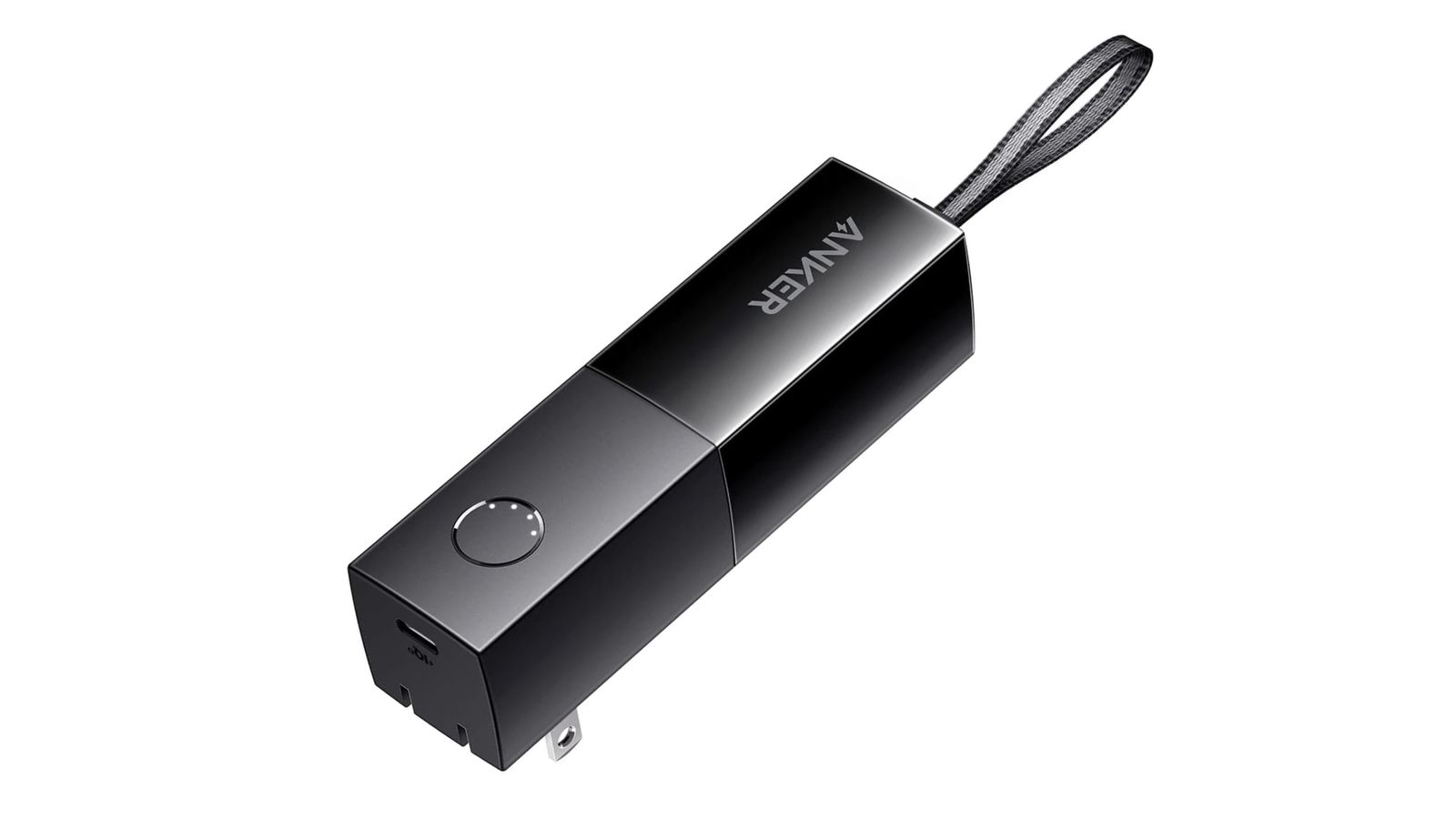 Anker PowerCore Fusion 5K product image of a small, rectangular, black power bank with a fabric handle.