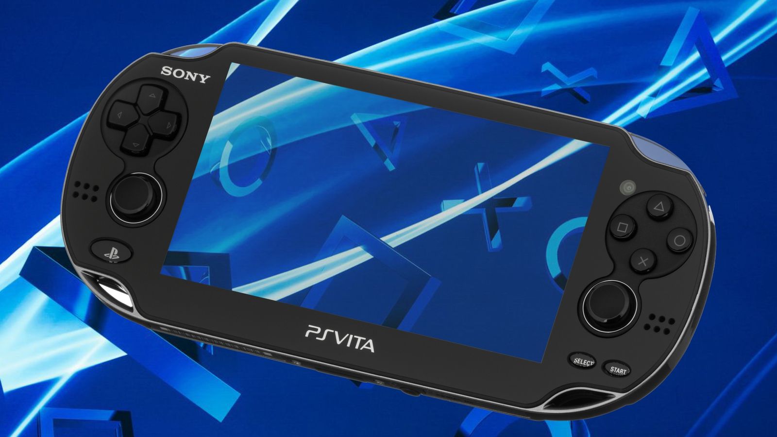 A PlayStation vita on a blue PlayStation wallpaper with the iconic shapes 
