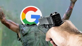 Google Logo getting shot by a disembodied hand holding a gat 