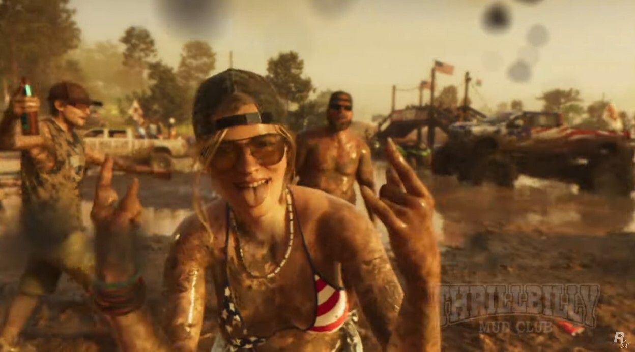A screengrab from the first GTA 6 trailer, showing a woman with a cap on backward and tattoos looking into the camera, with her tongue out.