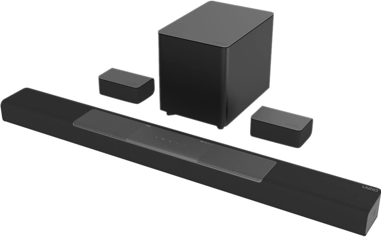 Vizio M-Series Elevate product image of a long black soundbar next to speakers and a subwoofer.