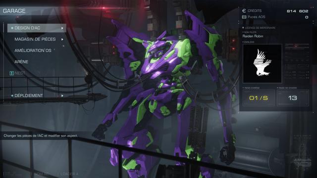 An accurate-looking Eva-01 from Evangelion in Armored Core 6.