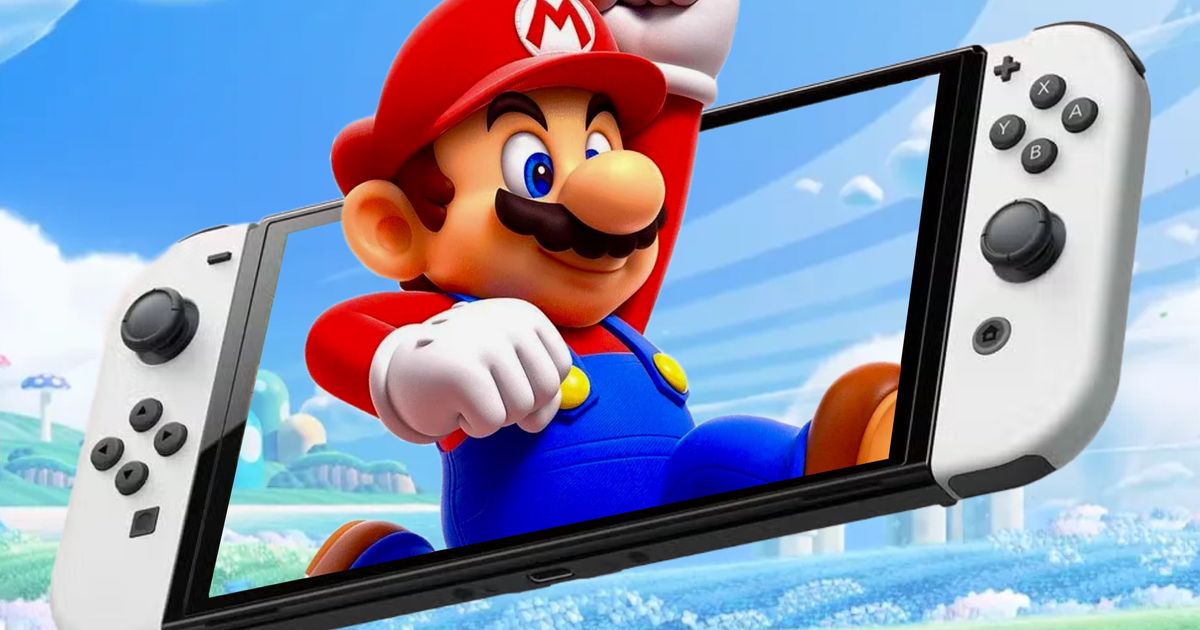 Mario jumping out of the Nintendo Switch in the mushroom kingdom 