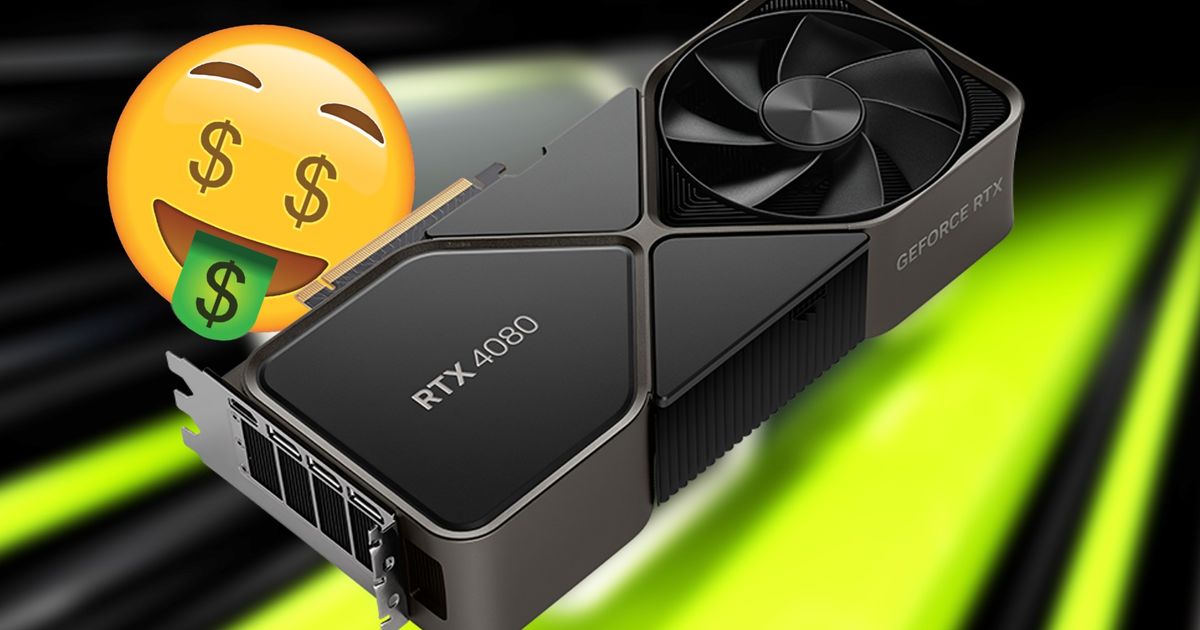 RTX 4080 in front of an Nvidia press image and an emoji with dollar signs for eyes