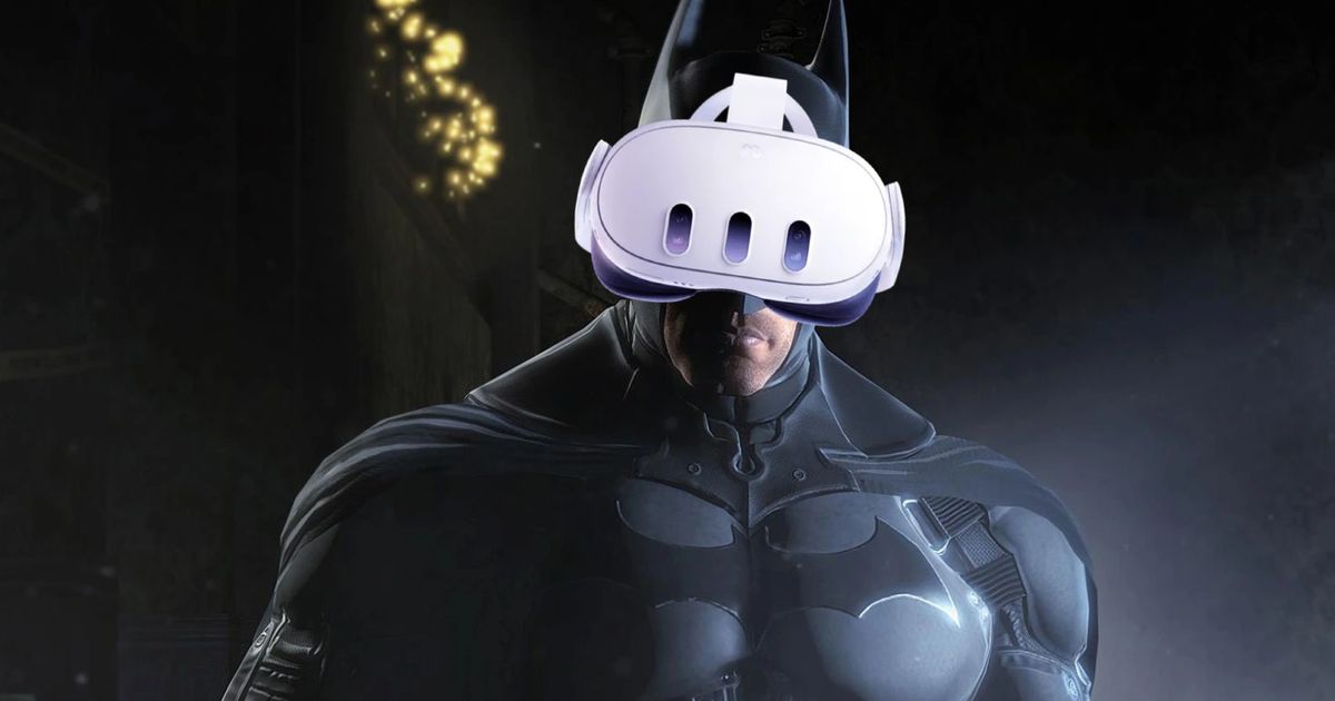 Batman Arkham Origins batman with a Meta Quest 3 headset on