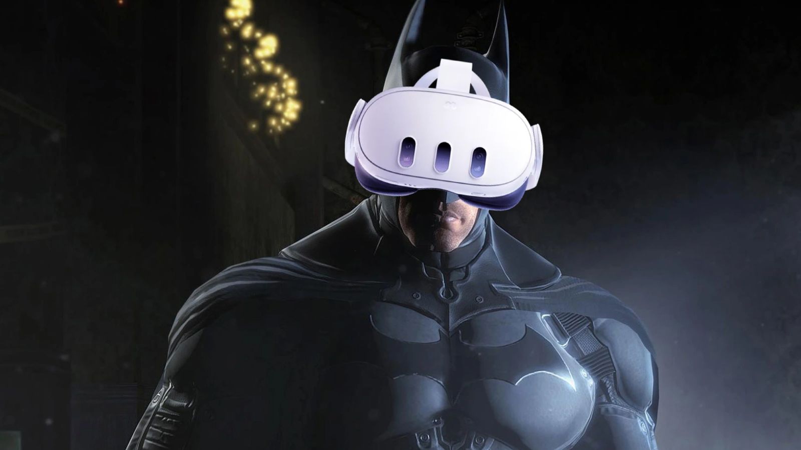 Batman Arkham Origins batman with a Meta Quest 3 headset on