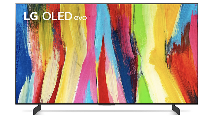 Image of a thin-framed TV featuring multicoloured paint stripes on the display.