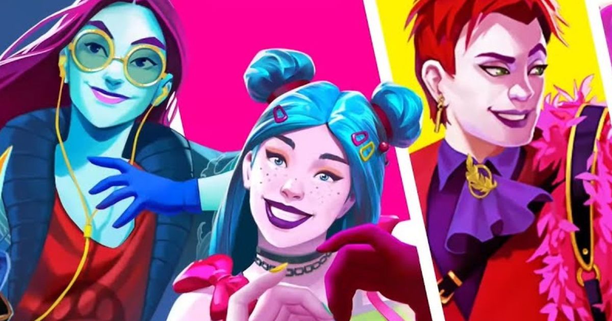Three Just Dance VR characters posing in a colourful background 