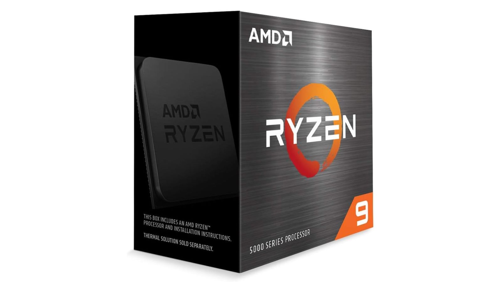 AMD Ryzen 9 5900X product image of a grey AMD Ryzen box featuring white and orange branding with a graphic of the CPU on the back.
