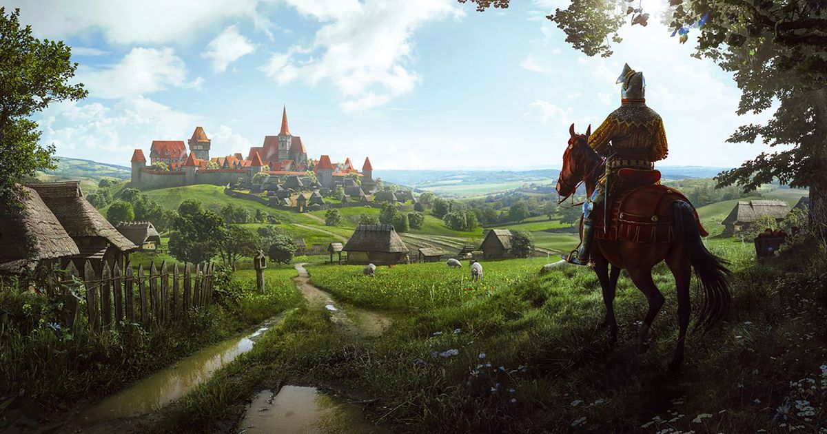manor lords promo art man on horse looking over city