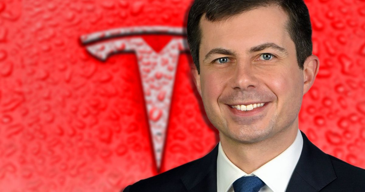 An image of secretary of transportation Pete Buttigieg on top of a red Tesla logo 