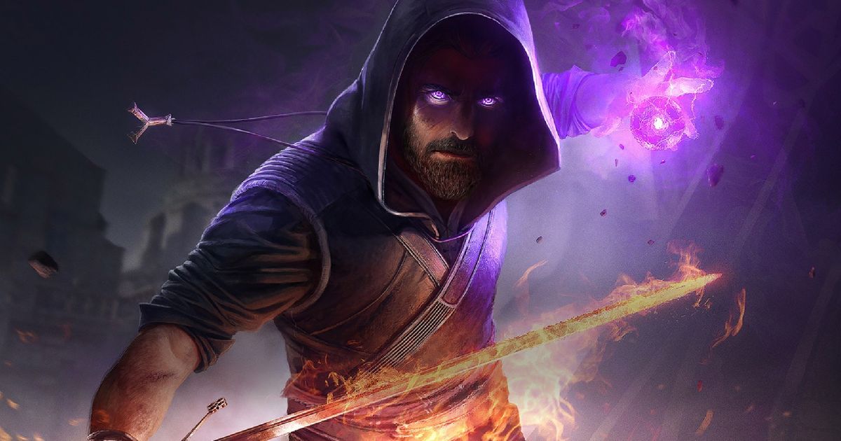 Blade and Sorcery key art of a guy holding a flaming sword and using a gravity spell