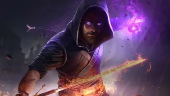 Blade and Sorcery key art of a guy holding a flaming sword and using a gravity spell