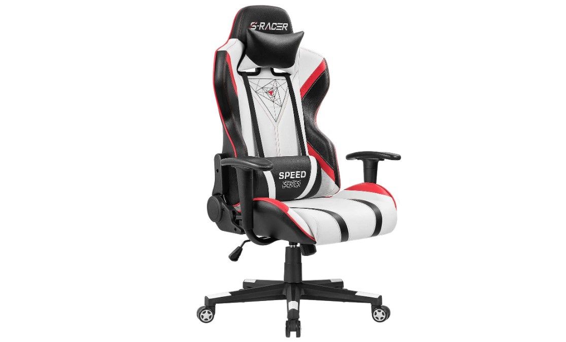 Homall Gaming Chair product image of a black, white, and red chair.