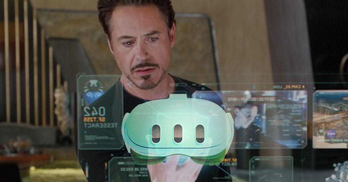 Iron man holding an AR Meta Quest 3 headset
