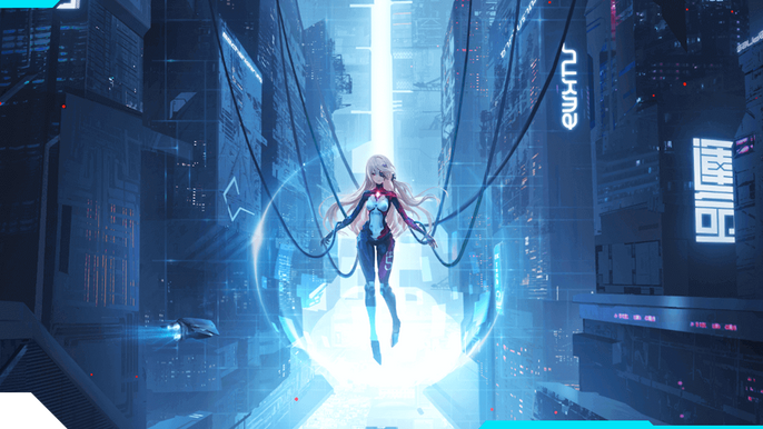 Woman in a futuristic city, suspended in mid-air by cables - Tower of Fantasy crashing