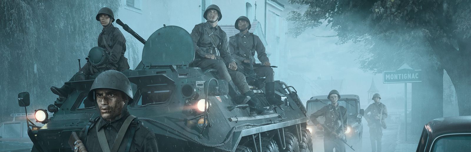 Soldiers sitting on a tank as they proceed through a town.