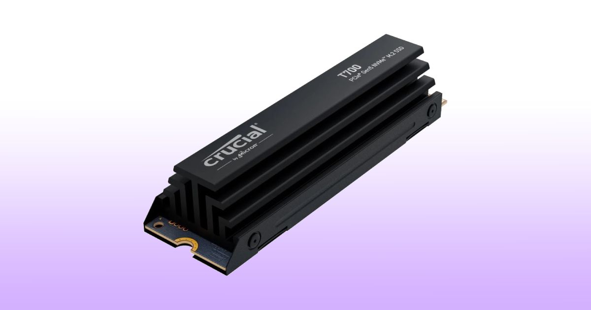 A black SSD with grooves along its sides in front of a white and light purple gradient backdrop.