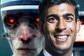 UK prime minister Rishi Sunak smiling on top of an evil looking robot worker Doctor in the NHS