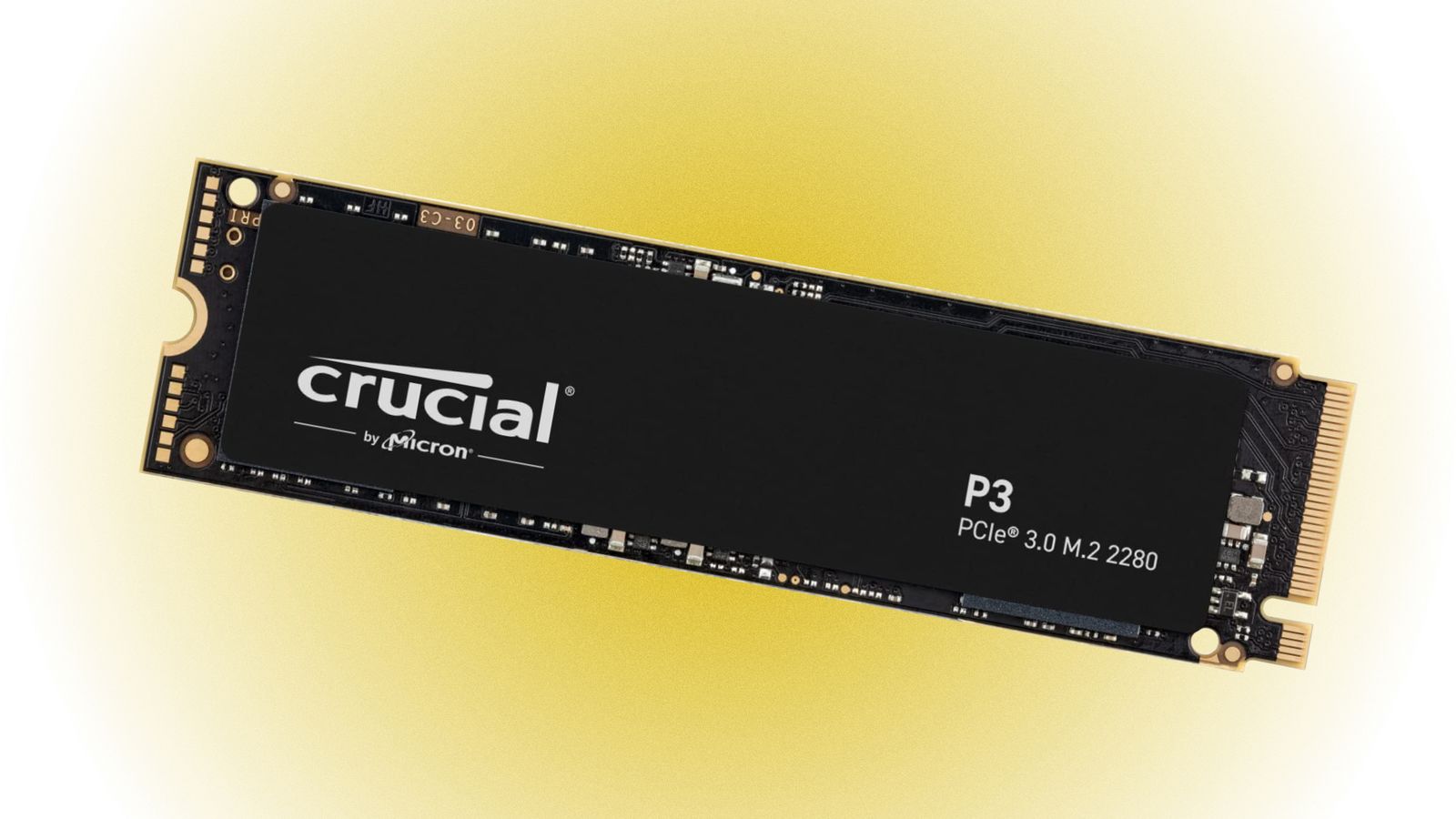A Crucial P3 NVMe SSD against a yellow and white background