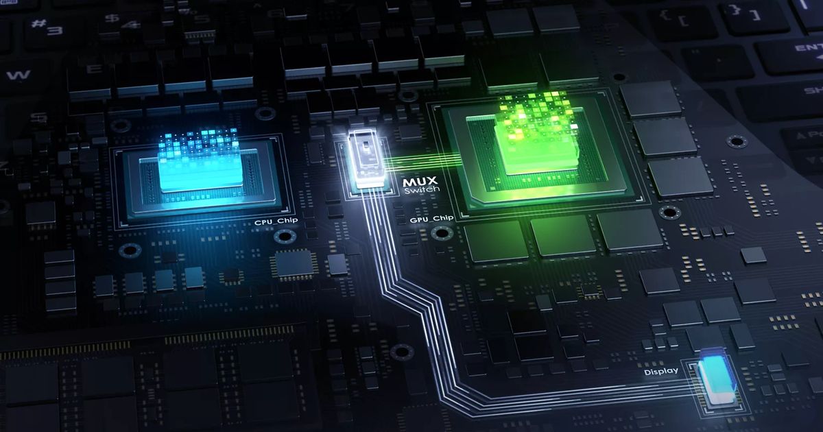 Image of internal laptop parts with blue, green, and white lit up areas.