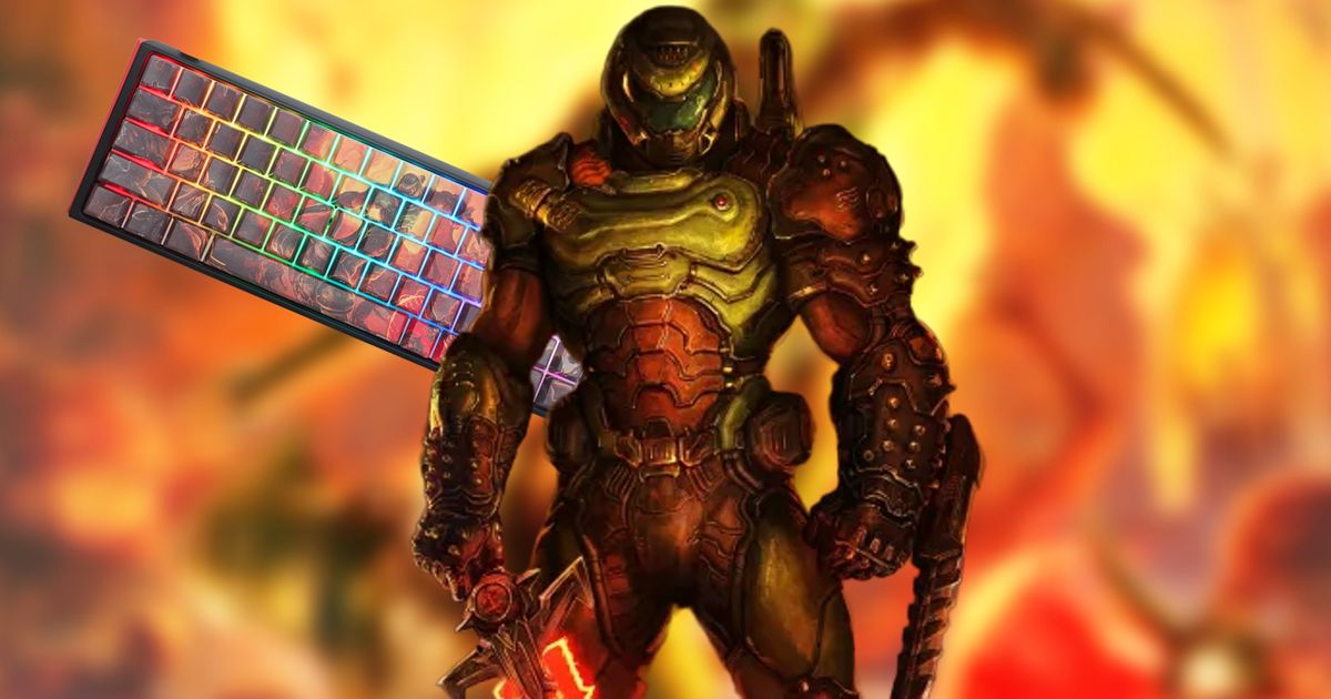 Doom Guy in front of a Doom Eternal background and a Ducky x Doom keyboard