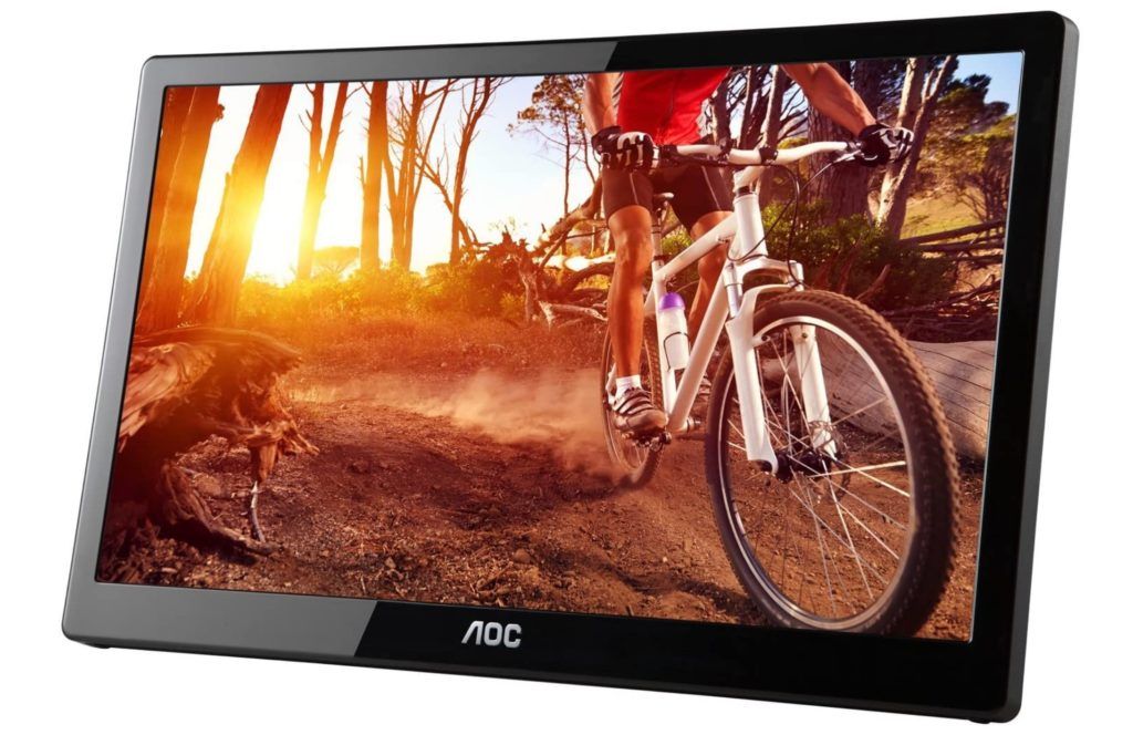 AOC e1659Fwu product image of a black monitor with someone cycling through a woods on the display.