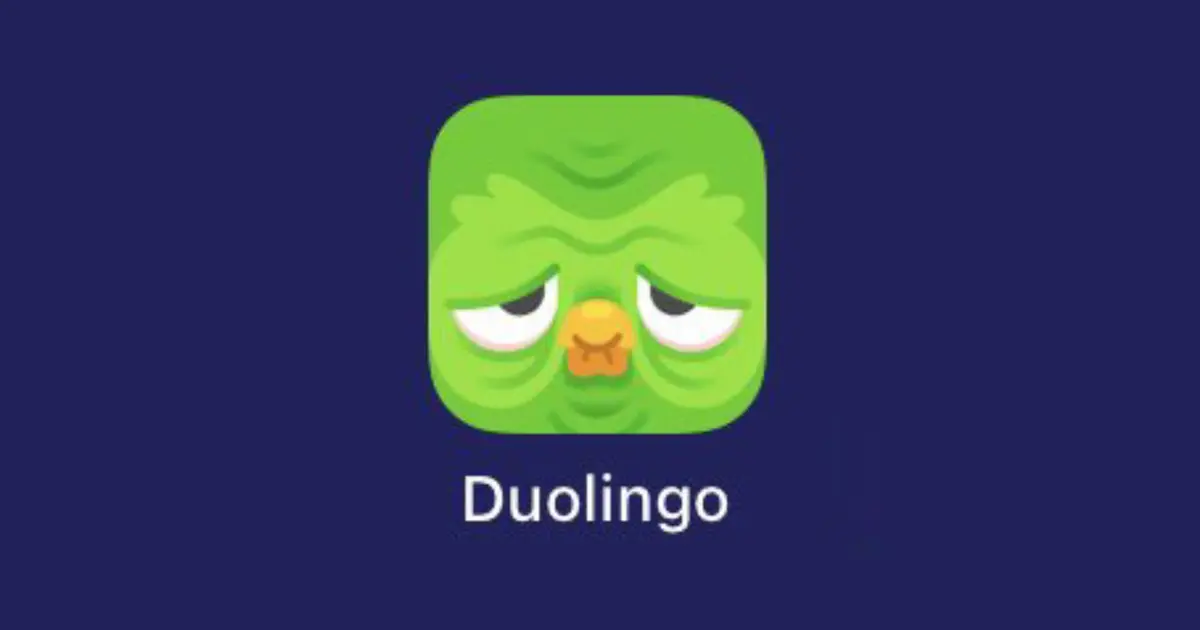 An image of the new Duolingo icon that looks sad, old, and wrinkly