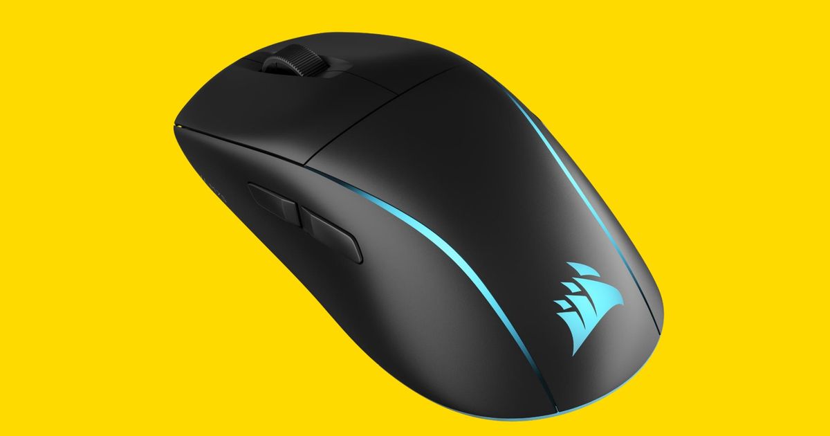 Corsair M75 Wireless mouse in front of a bright yellow background