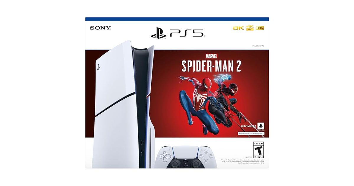 A white box with a blue top featuring an image of of a white and black PS5 Slim on the front next to the Marvel's Spider-Man 2 cover.