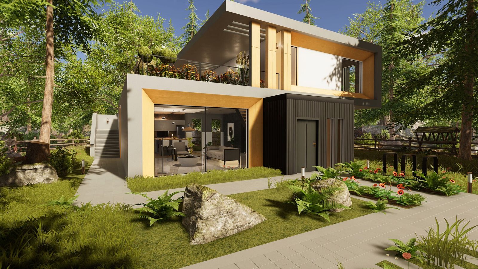 House Flipper 2 - a modern house with a winding path through the garden, surrounded by trees