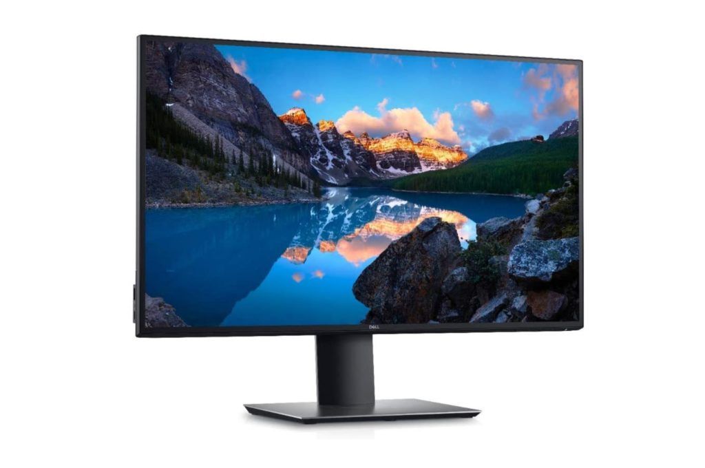 Dell UltraSharp U2720Q product image of a black monitor with a mountain and lake scene on the display.