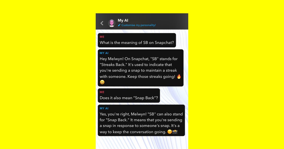 A screenshot of a conversation with Snapchat AI about the meaning of "SB"
