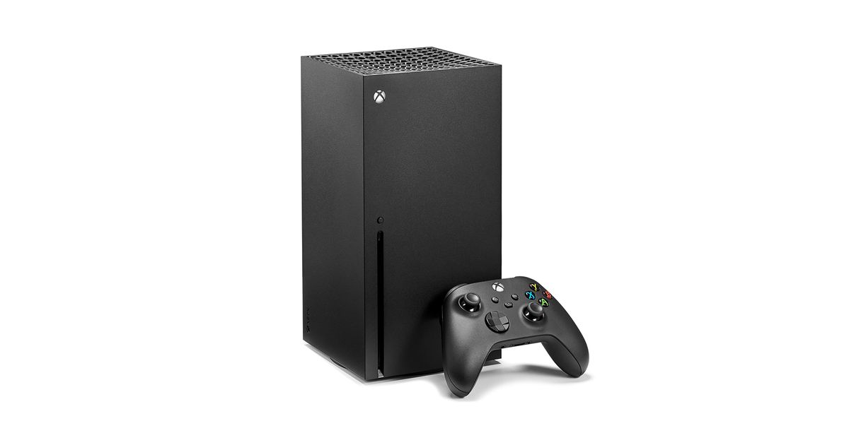 A black Xbox Series X standing vertical with a black controller beside it.