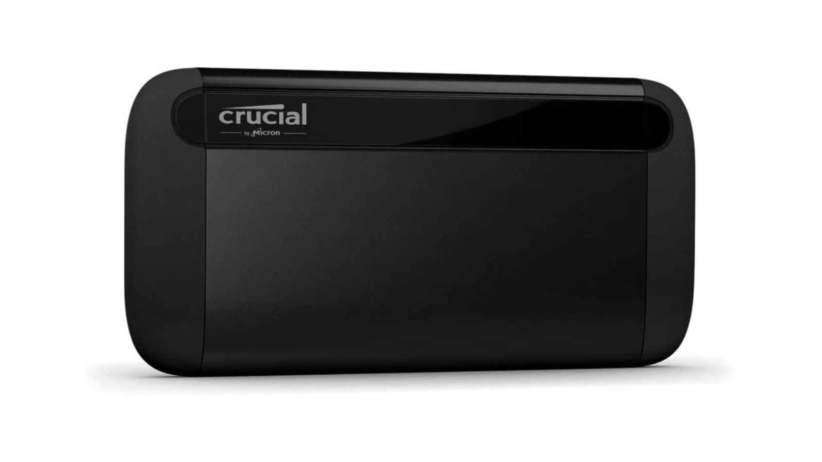 Crucial X8 product image of a rectangular, black hard drive featuring grey Crucial branding in the corner.