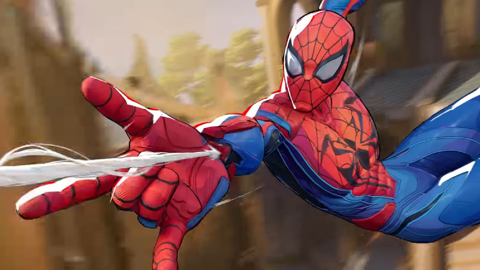 Spider-Man swinging and shooting a web from Marvel Rivals trailer