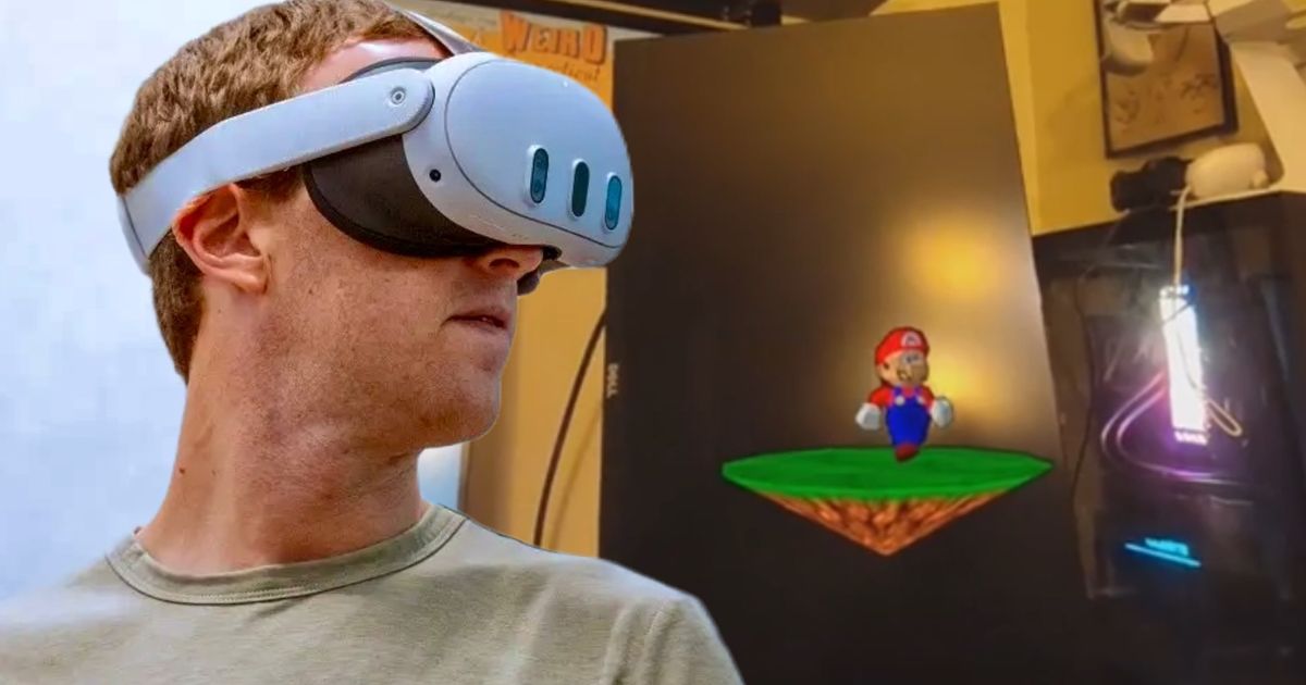 Mark Zuckerberg with a Meta Quest 3 headset next to a Mario 64 mixed reality game 