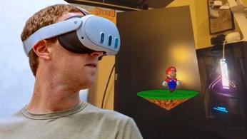Mark Zuckerberg with a Meta Quest 3 headset next to a Mario 64 mixed reality game 