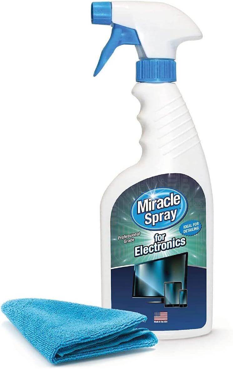 MiracleSpray Cleaner product image of a white and blue sprayable bottle next to a blue towel.