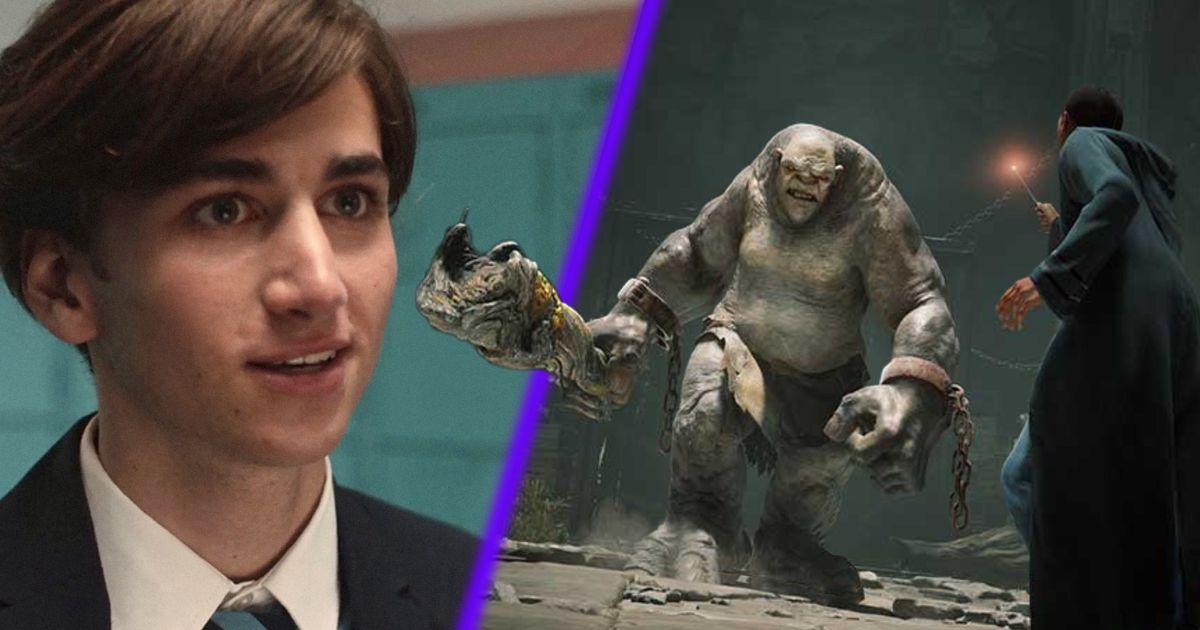Heartstopper actor Sebastian Croft next to a troll from Harry Potter RPG game Hogwarts Legacy 