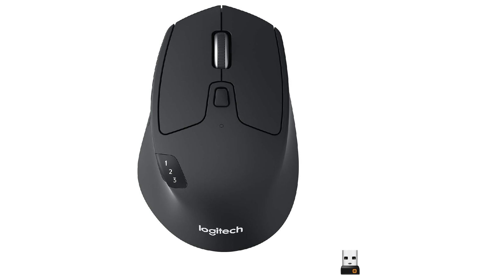 Logitech M720 Triathlon product image of a black mouse with an accompanying USB stick.