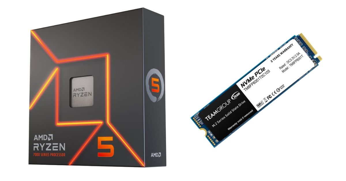A grey box for a CPU with orange trim next to a blue SSD with a black and white label on top.