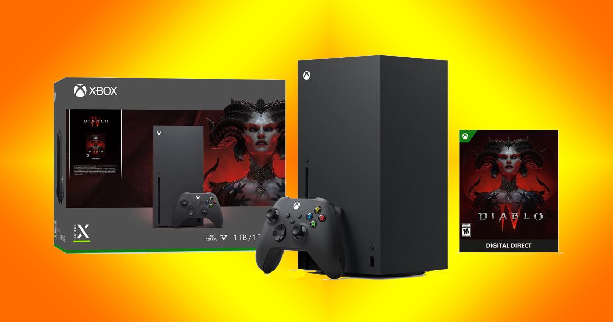 A black Xbox Series X next to the Diablo IV game case and a Diablo-branding Xbox Series X box.