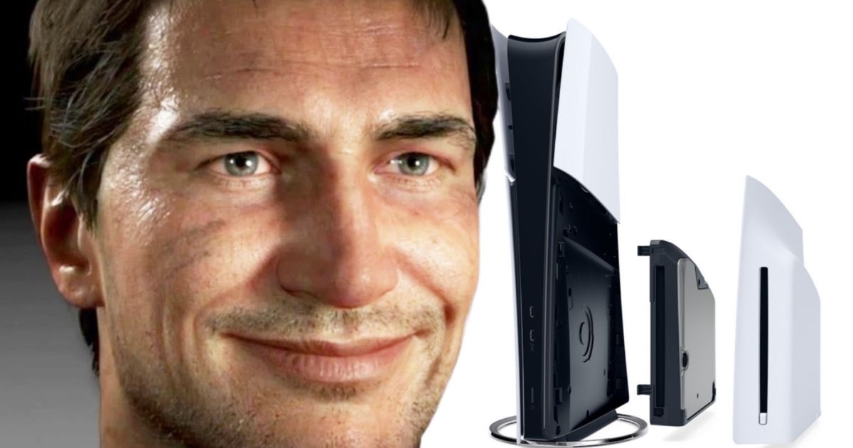 Uncharted Nathan Drake’s meme face reacting to the PS5 Slim Disc drive add on 