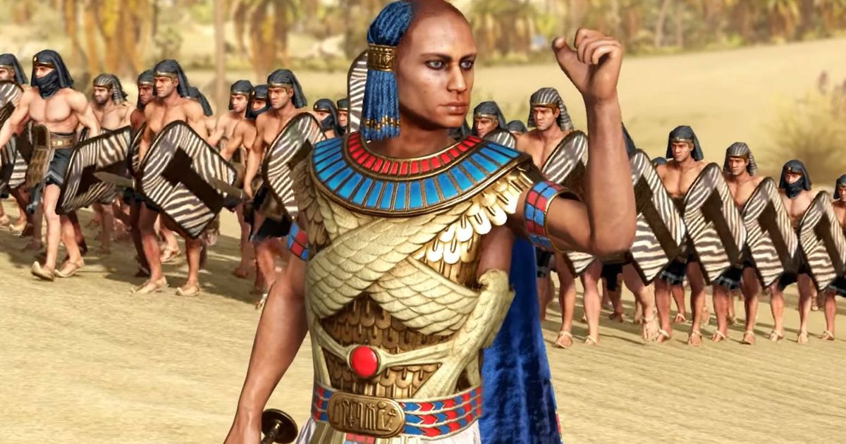 Pharaoh commanding soldiers in Total War: Pharaoh.