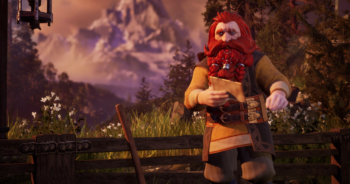 return to moria red haired and beared dwarf holding a letter of information