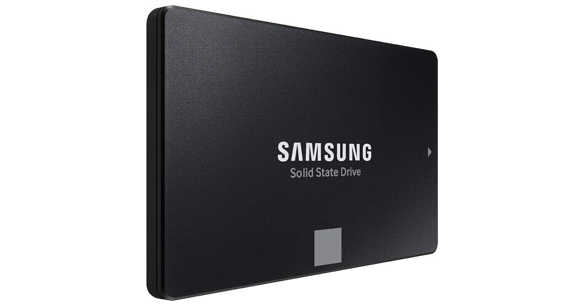 Samsung 870 EVO product image of a black, rectangular SSD featuring white branding and a grey square on the front.