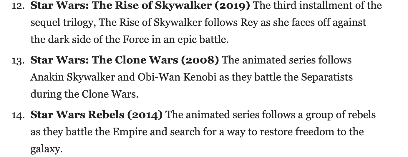 A list of Star Wars movies in chronological order written by AI. The AI program has listed the movies in the wrong order. 